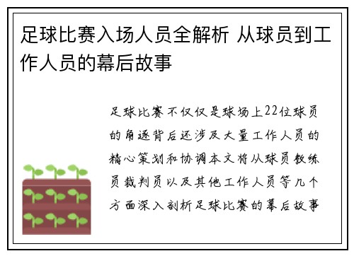 足球比赛入场人员全解析 从球员到工作人员的幕后故事