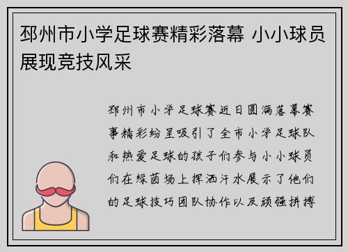 邳州市小学足球赛精彩落幕 小小球员展现竞技风采
